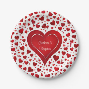 Red Love Heart Pattern Valentine Name Party Paper Plate