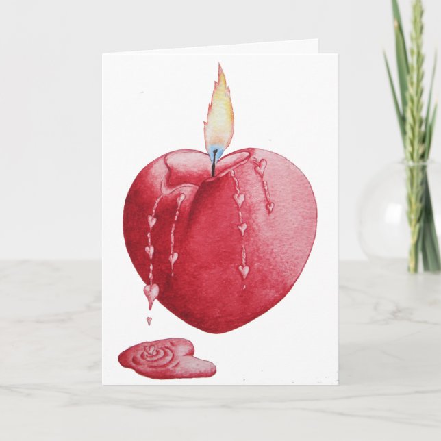 Red love heart shaped romantic burning candle art card (Front)