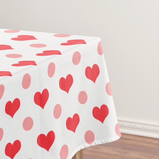 red love hearts, pastel pink polka dots pattern tablecloth (In Situ)
