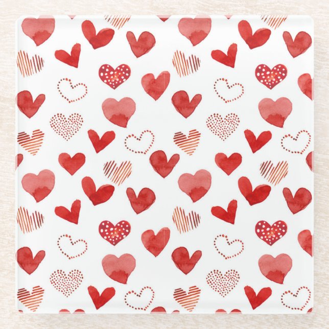 Red love hearts, watercolor pattern. glass coaster (Front)