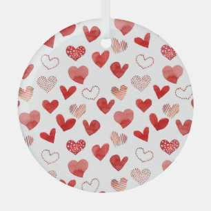 Red love hearts, watercolor pattern. glass tree decoration