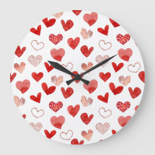 Red love hearts, watercolor pattern. large clock