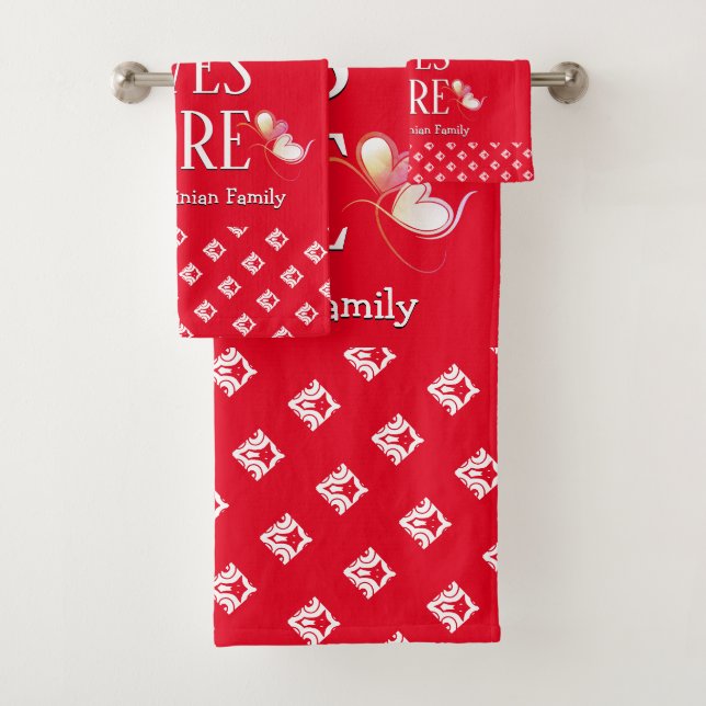 Red | LOVE LIVES HERE | Stylish Customisable Bath Towel Set (Insitu)