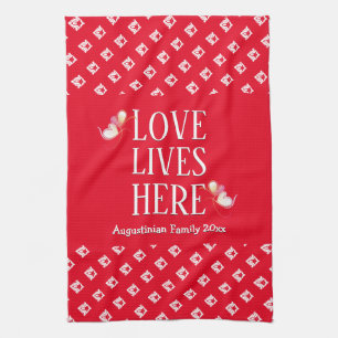Red LOVE LIVES HERE Stylish Personalised Tea Towel
