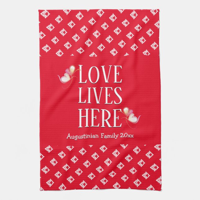 Red | LOVE LIVES HERE | Stylish Personalised Tea Towel (Vertical)