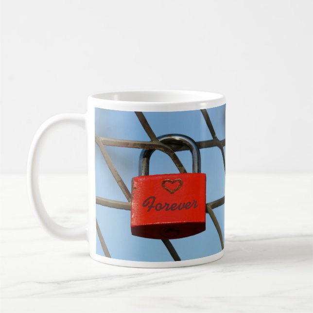 Red Love Lock Padlock with Heart on Fence Coffee Mug (Left)