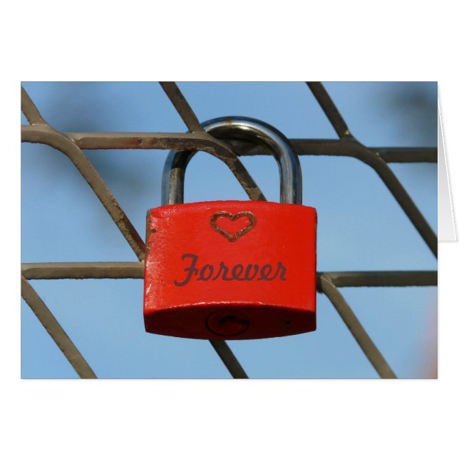 Red Love Lock with Heart on Fence, "Forever" (Front Horizontal)