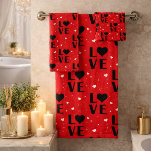 Red LOVE Pattern with Heart Emblems Bath Towel Set