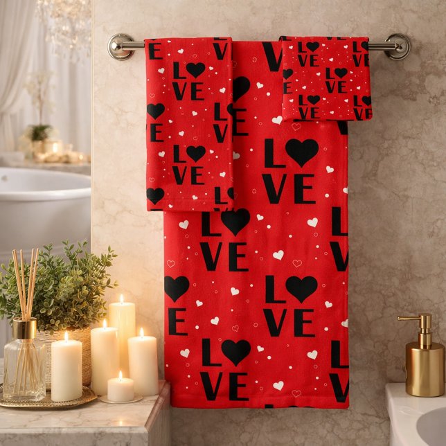 Red LOVE Pattern with Heart Emblems Bath Towel Set (Creator Uploaded)