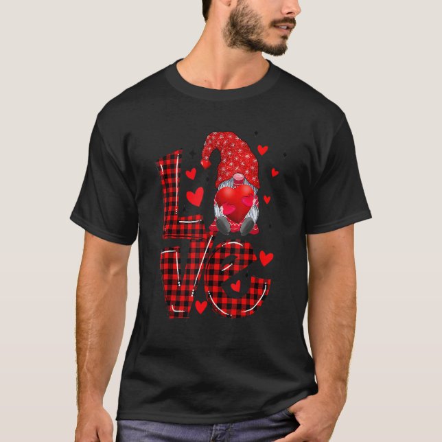 Red Love Plaid Cute Gnomes Heart Men Women Valenti T-Shirt (Front)