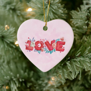 Red Love Text in Bold Block Letters Watercolor Ceramic Tree Decoration