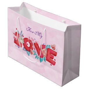 Red Love Text in Bold Block Letters Watercolor Large Gift Bag