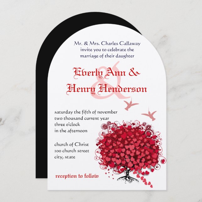 Red Love Tree Birds 5 x 7 Wedding Invitation (Front/Back)