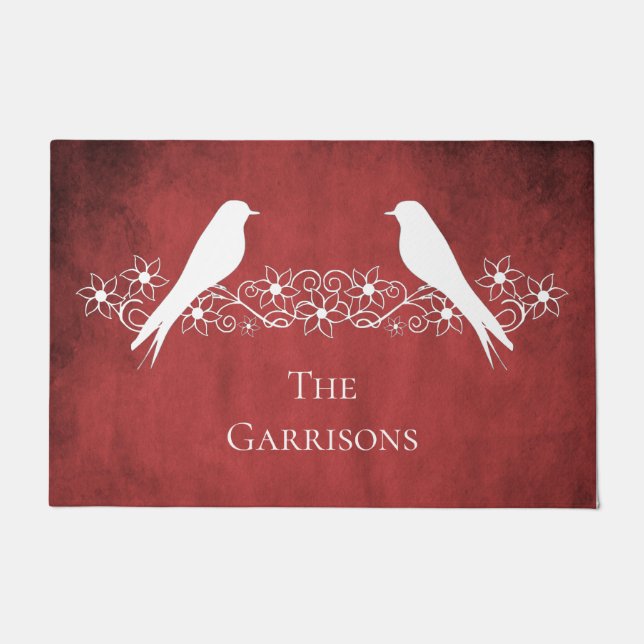 Red Lovebirds Floral Vine Personalised Doormat (Front)