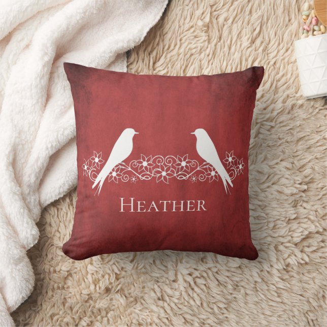 Red Lovebirds Floral Vine Throw Pillow (Blanket)