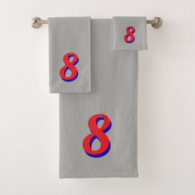 Red Lucky Number Eight on Silver Grey Bath Towel Set (Insitu)