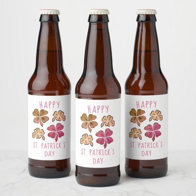 Red Lucky Shamrock Clover Happy St. Patrick`s day Beer Bottle Label (Bottles)