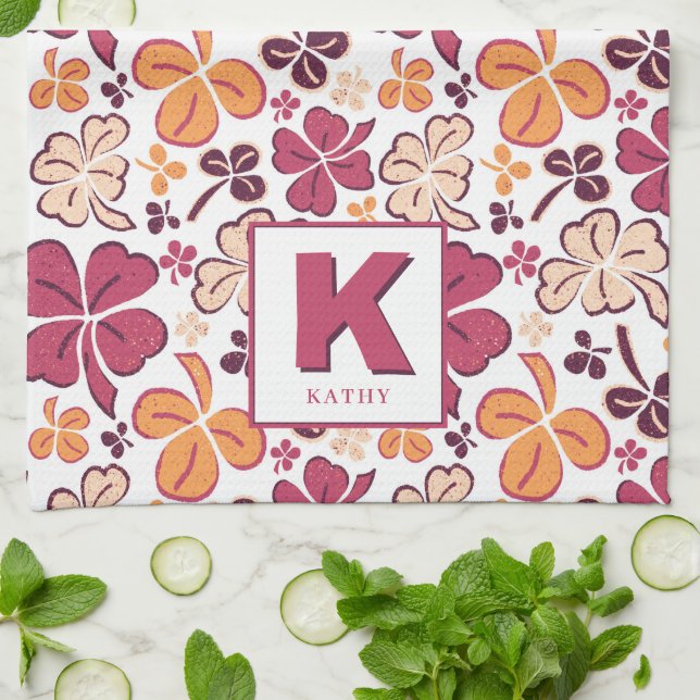 Red Lucky Shamrock Clover Pattern Monogrammed Tea Towel (Folded)