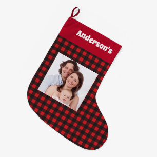 Red Lumberjack Pattern  Family Photo Name Large Christmas Stocking