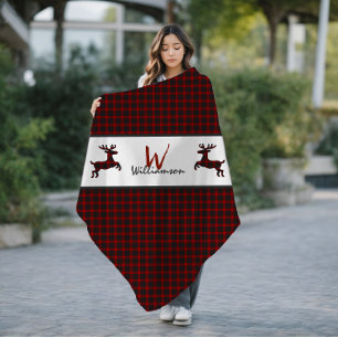 Red Lumberjack Plaid Deer Monogram Fleece Blanket