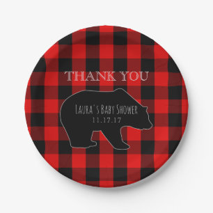Red Lumberjack Plaid Woodland Boy Baby Shower Paper Plate