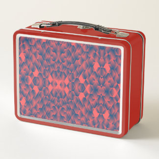 Red lunchbox with a geometric blue and pink
