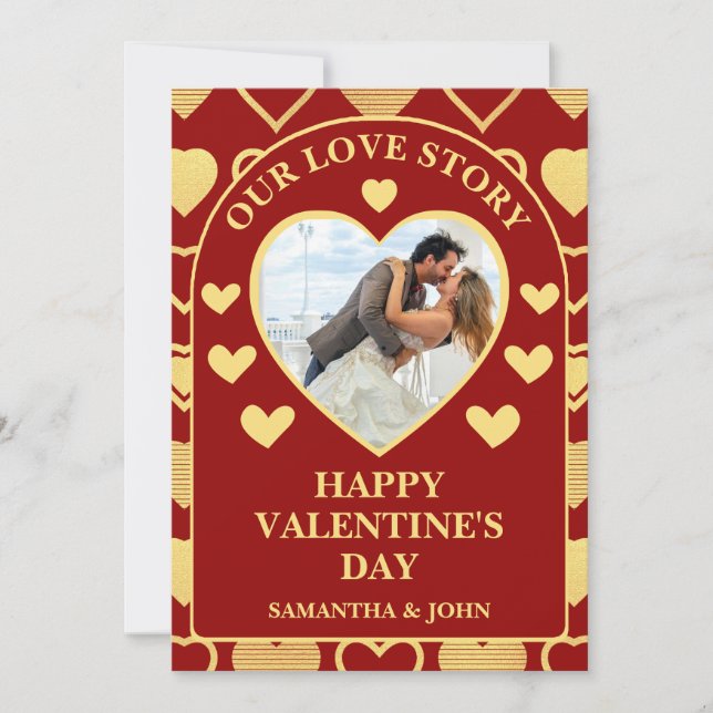 Red Luxury Antique Gold Hearts Valentine’s Photo Holiday Card (Front)