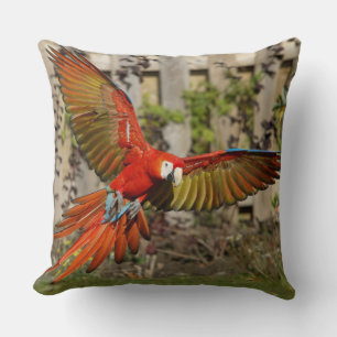 Red Macaw Flying Throw Pillow