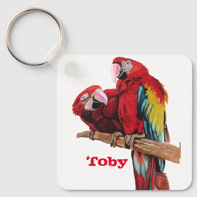 Red Macaw Parrot Parrots Watercolor Art Key Ring (Front)