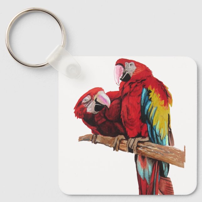 Red Macaw Parrot Parrots Watercolor Art Key Ring (Front)