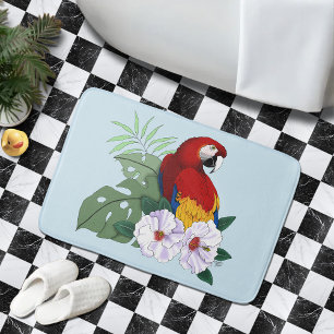 Red Macaw Parrot Tropical White Hibiscus Floral  Bath Mat