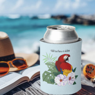 Red Macaw Parrot Tropical White Hibiscus Floral Can Cooler