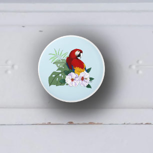 Red Macaw Parrot Tropical White Hibiscus Floral  Ceramic Knob