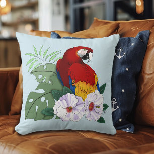 Red Macaw Parrot Tropical White Hibiscus Floral Cushion