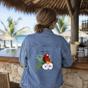 Red Macaw Parrot Tropical White Hibiscus Floral Denim Jacket
