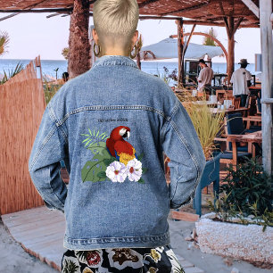 Red Macaw Parrot Tropical White Hibiscus Floral Denim Jacket