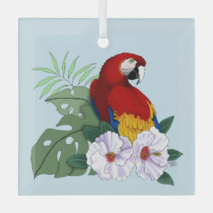 Red Macaw Parrot Tropical White Hibiscus Floral  Glass Tree Decoration