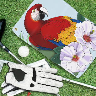 Red Macaw Parrot Tropical White Hibiscus Floral  Golf Towel