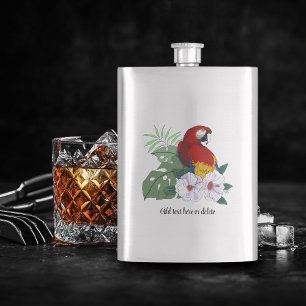 Red Macaw Parrot Tropical White Hibiscus Floral Hip Flask