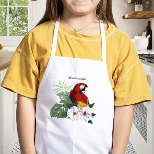 Red Macaw Parrot Tropical White Hibiscus Floral Kids Apron