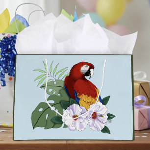 Red Macaw Parrot Tropical White Hibiscus Floral Large Gift Bag