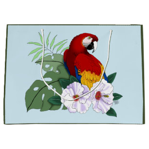 Red Macaw Parrot Tropical White Hibiscus Floral Large Gift Bag