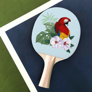 Red Macaw Parrot Tropical White Hibiscus Floral Ping Pong Paddle