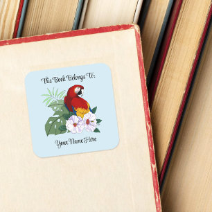 Red Macaw Parrot Tropical White Hibiscus Floral Square Sticker