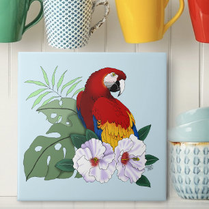 Red Macaw Parrot Tropical White Hibiscus Floral Tile