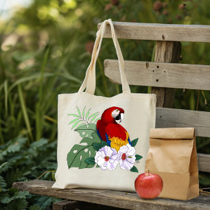 Red Macaw Parrot Tropical White Hibiscus Floral  Tote Bag
