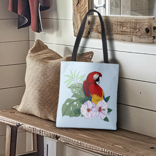 Red Macaw Parrot Tropical White Hibiscus Floral Tote Bag