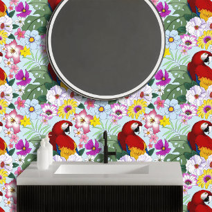 Red Macaw Parrot Tropical White Hibiscus Floral Wallpaper