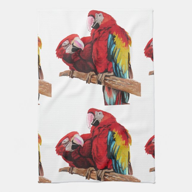 Red Macaw Parrots Macaws Watercolour Kitchen  Tea Towel (Vertical)