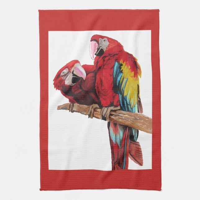 Red Macaw Parrots Parrot Bird Watercolour Kitchen  Tea Towel (Vertical)